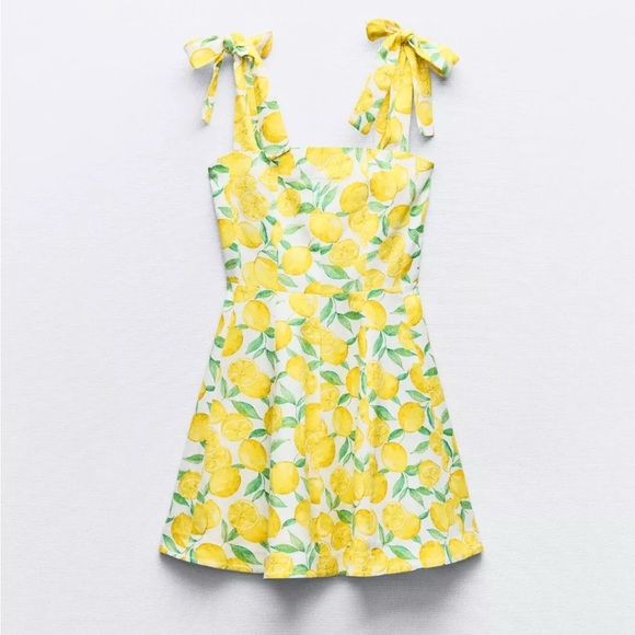 Exclusively Fancy Dresses & Skirts - Lemon Fruit Print Babydoll Linen Blend Mini Dress Stylish Blouse Yellow